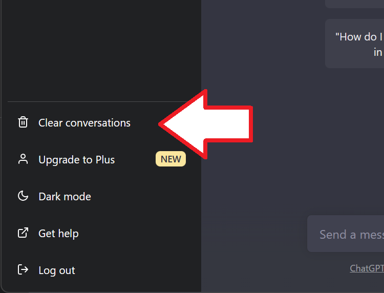 チャットの履歴を全部まとめて削除したい場合は、サイドメニューにある「Clear conversations」をクリック