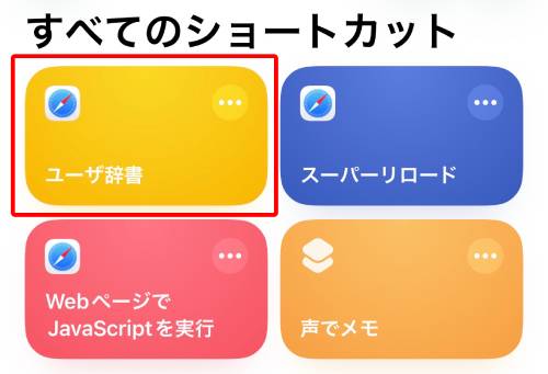 「すべてのショートカット」に追加される(※分かりやすいよう名称を「ユーザ辞書」に変更)
