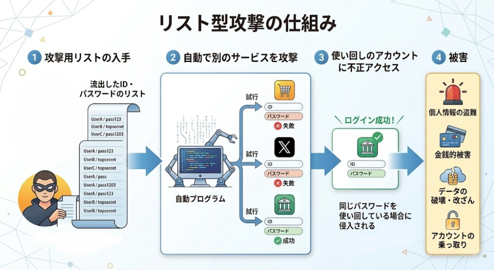 リスト型攻撃の仕組み（生成AIによるイメージ画像）